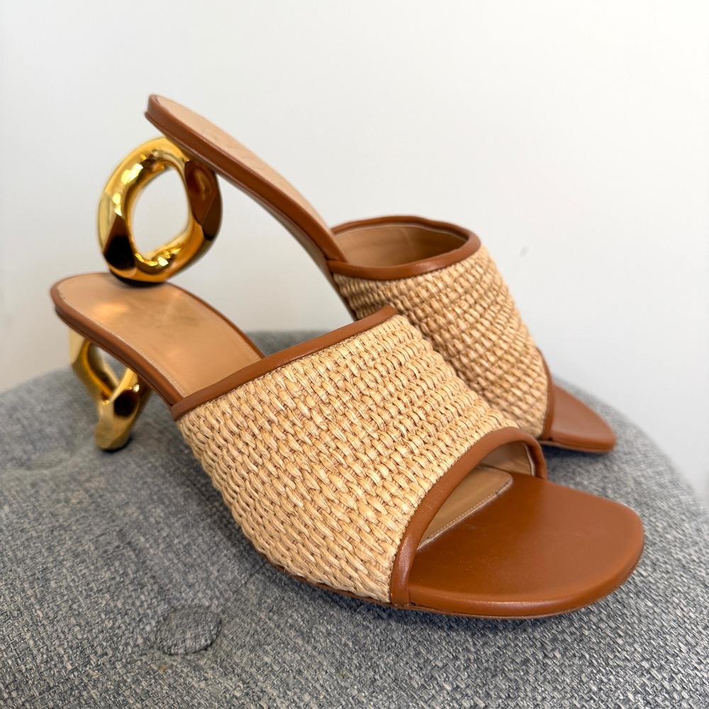 JW Anderson Tan Raffia Chain Link Heel Mules Square Toe Sandals IT 40 US 9/9.5 - Picture 3 of 11